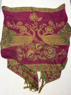 Peacock Pashmina Shawl Scarf Fringe Metallic Gold Green Fuchsia Floral 68"x27"